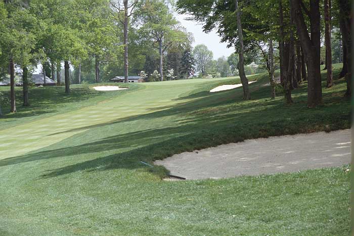 The large green sits at the top of the rise between two bunkers. Again a crowned front will slow any lofted shots into the green. There is plenty of room to run the ball up to the pin.