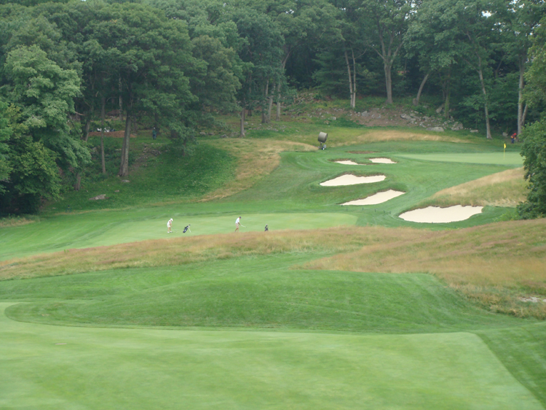 The tiger shortens the hole by carrying the rock ledge on the right.