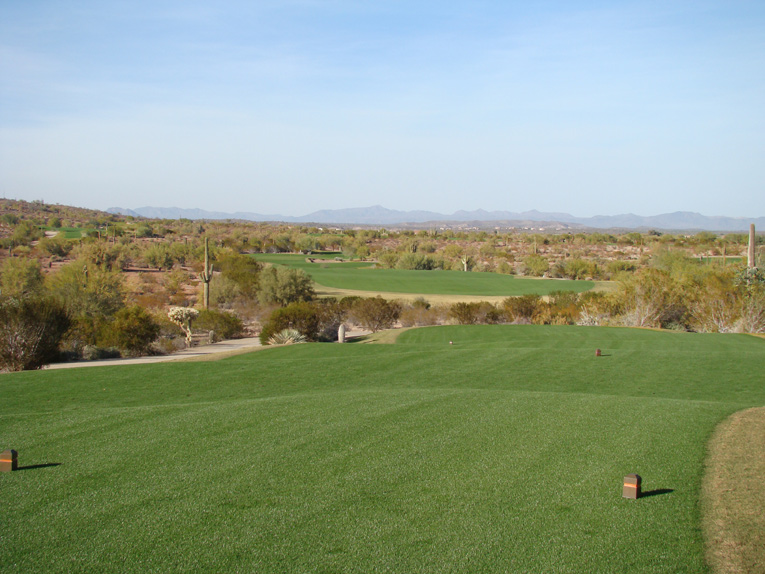 Unusual for the desert, note how the tee grounds roll down. This recurs at other elevated tees including the second, eighth, tenth, eleventh, fourteenth, fifteenth, seventeenth, and eighteenth.