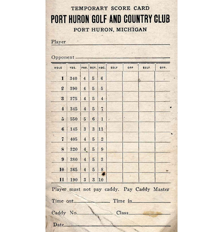  11-hole scorecard of Alison & Bendelow 1922 Course PHGC 