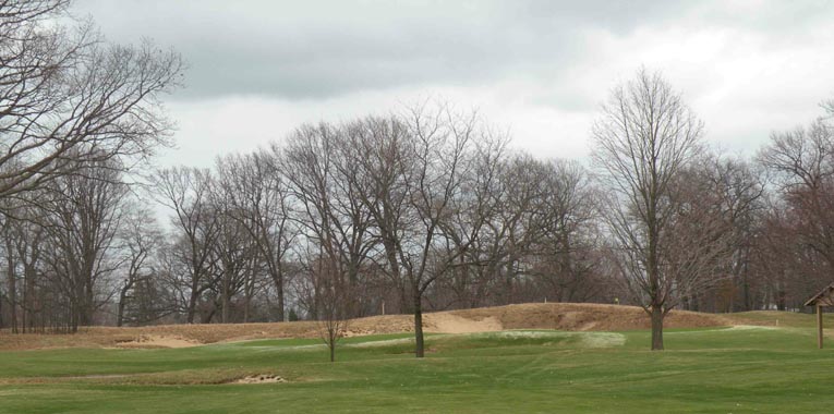 Eighth green with original Alison dune bunker, the fourth fairway passes below Bing Maps